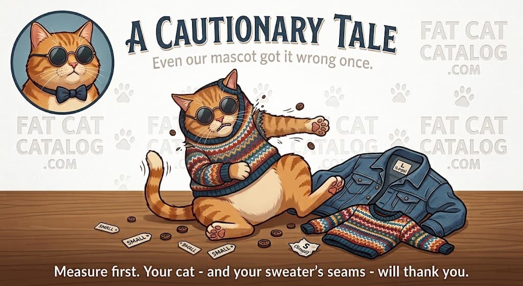 A cautionary tale: Koda, the FatCatCatalog mascot, wedged into a striped sweater several sizes too small, buttons popping off, discarded size Small tags scattered around him and a properly fitting Large jacket on the floor beside him.