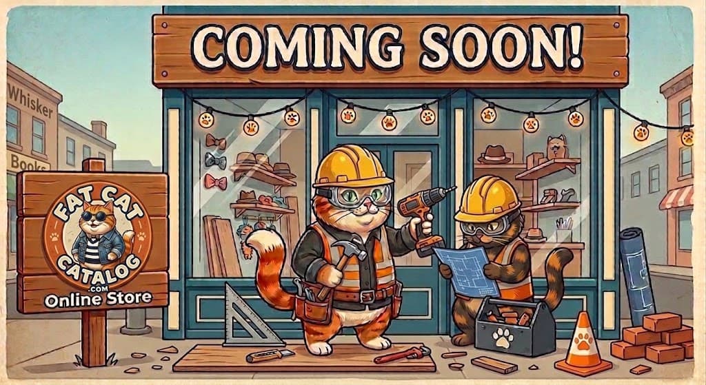 Two cats in hard hats and hi-vis vests building the FatCatCatalog storefront under a Coming Soon banner, with Koda's badge on the shop sign beside him